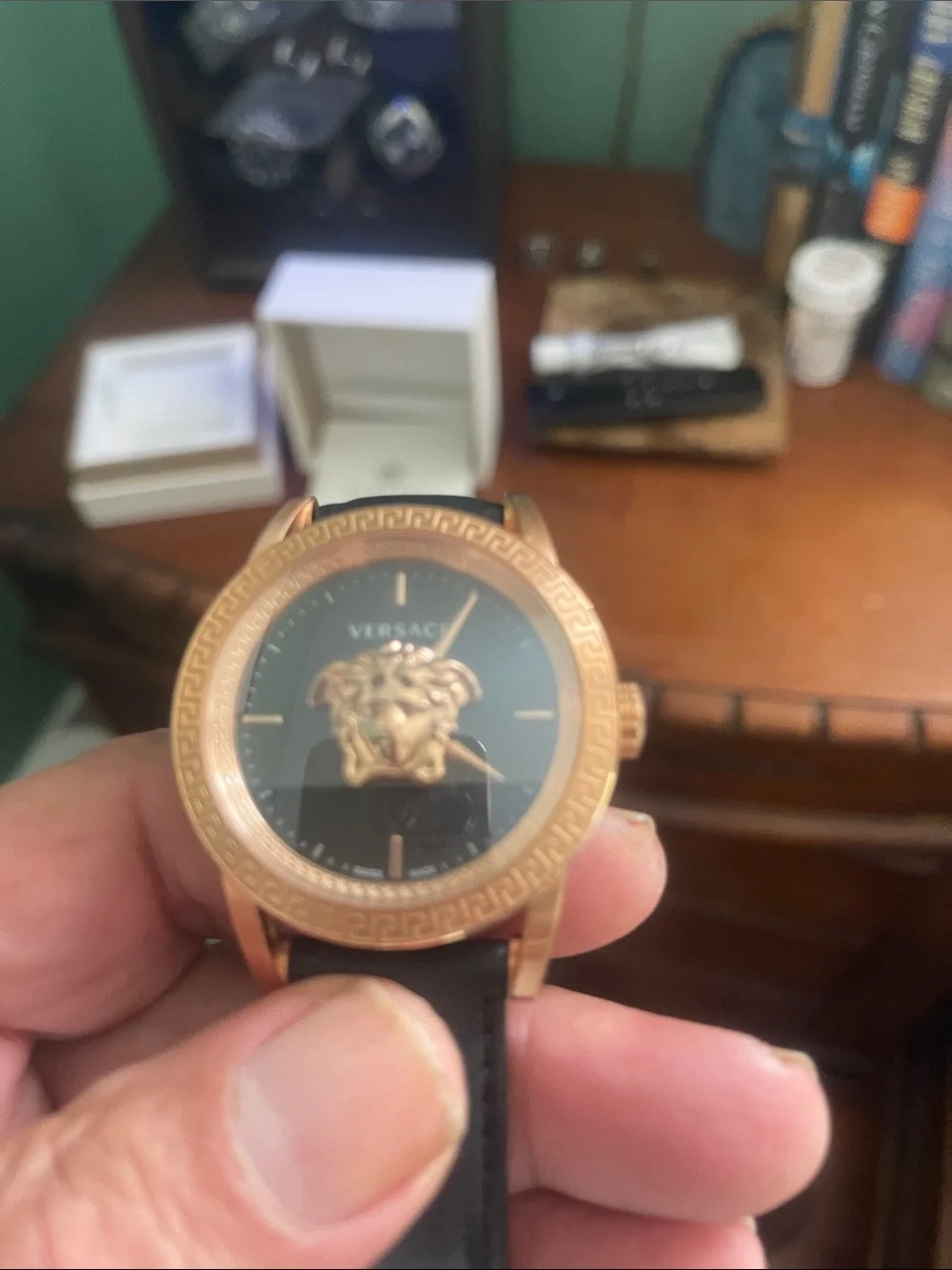 Versace Rose Gold Tone Watch with Black Strap and Medusa Dial